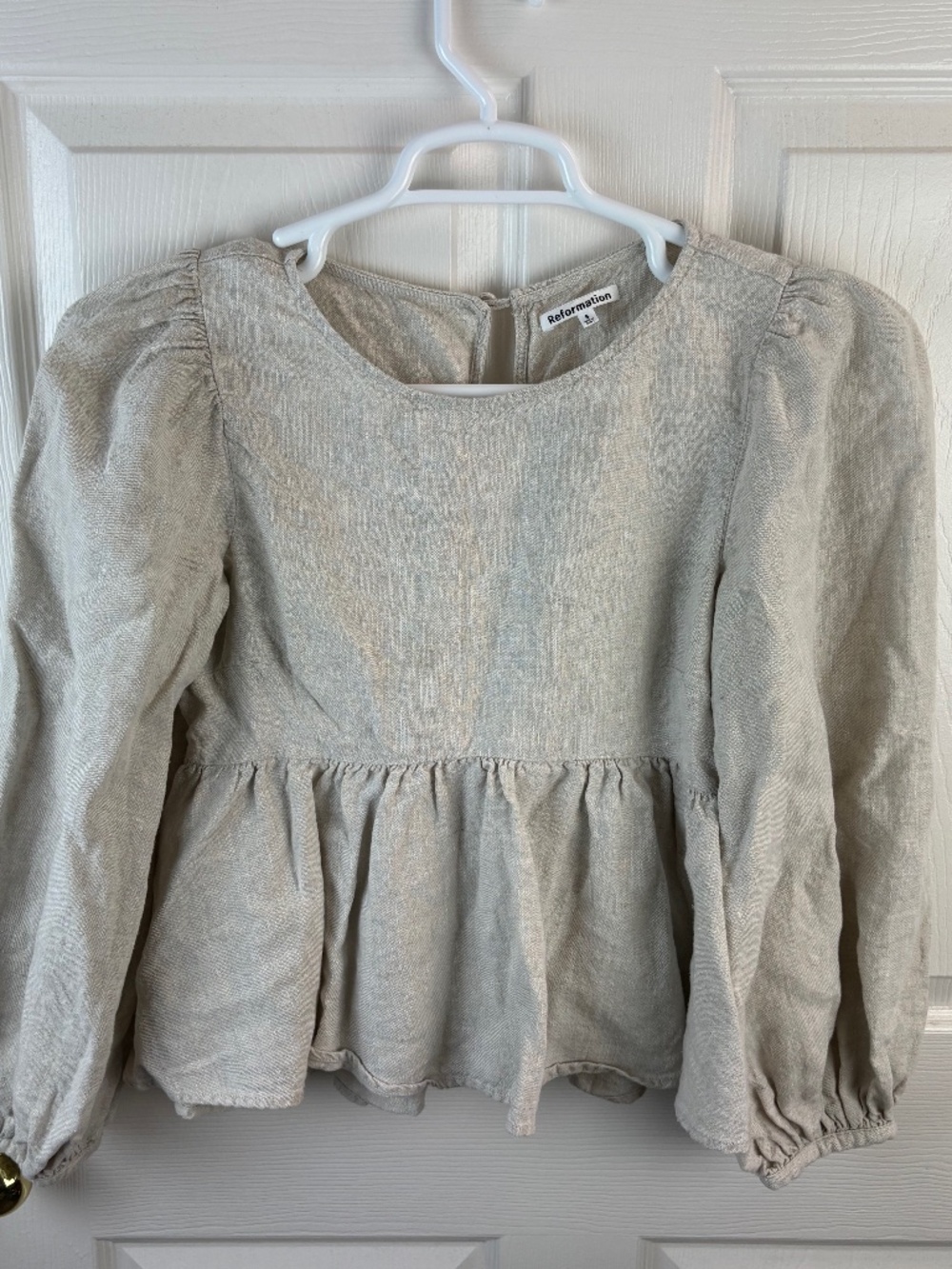 Reformation Rumi Puff Sleeve Peplum Linen Top